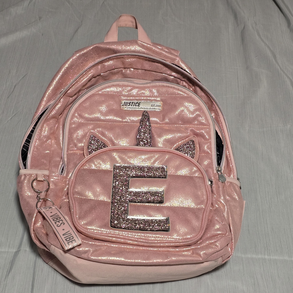 Justice School Backpack Pink w/glitter, Unicorn Design w/Monogram E GUC